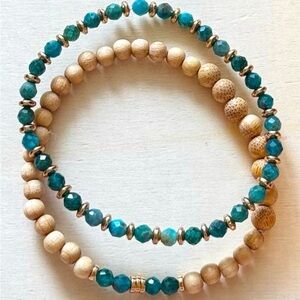 Set of 2 Light Wood & Teal Apatite Stretchy Beaded Bracelets w/Gold Hematite